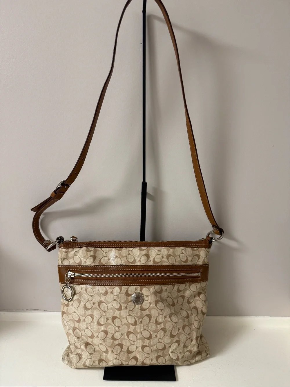 Coach Beige Signature Crossbody with Brown Leather Trim!